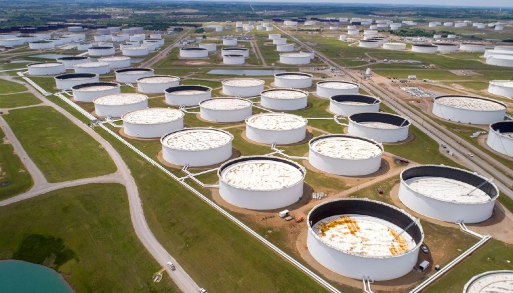 FILE PHOTO: Crude oil storage tanks are seen in an aerial photograph at the Cushing oil hub