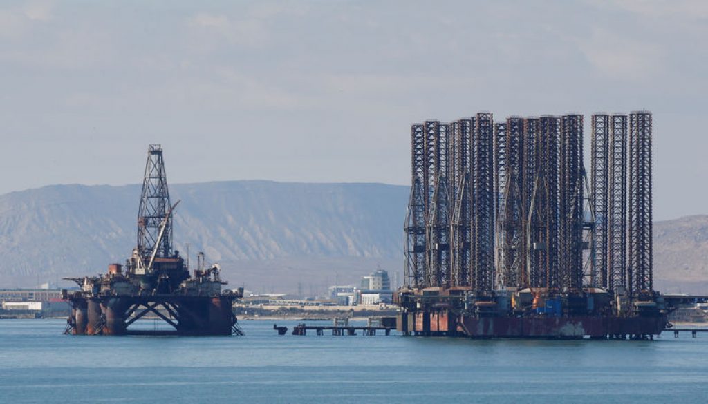 FILE PHOTO: An offshore oil rig is seen in the Caspian Sea near Baku